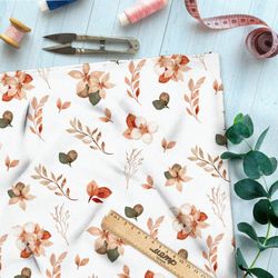 Ткань кулирная гладь акварельные цветы и листья на бежевом фоне