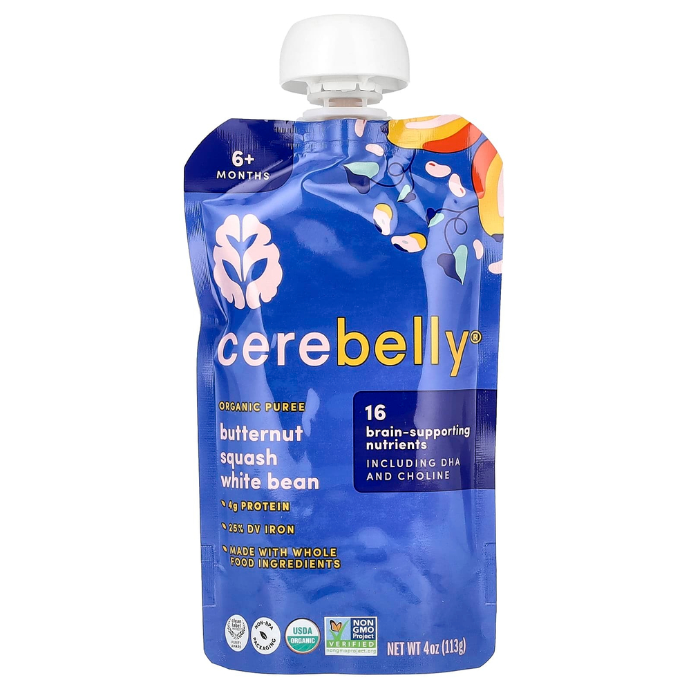 Cerebelly, органическое пюре, для детей от 6 месяцев, мускатная тыква и белая фасоль, 6 пакетиков по 113 г (4 унции)