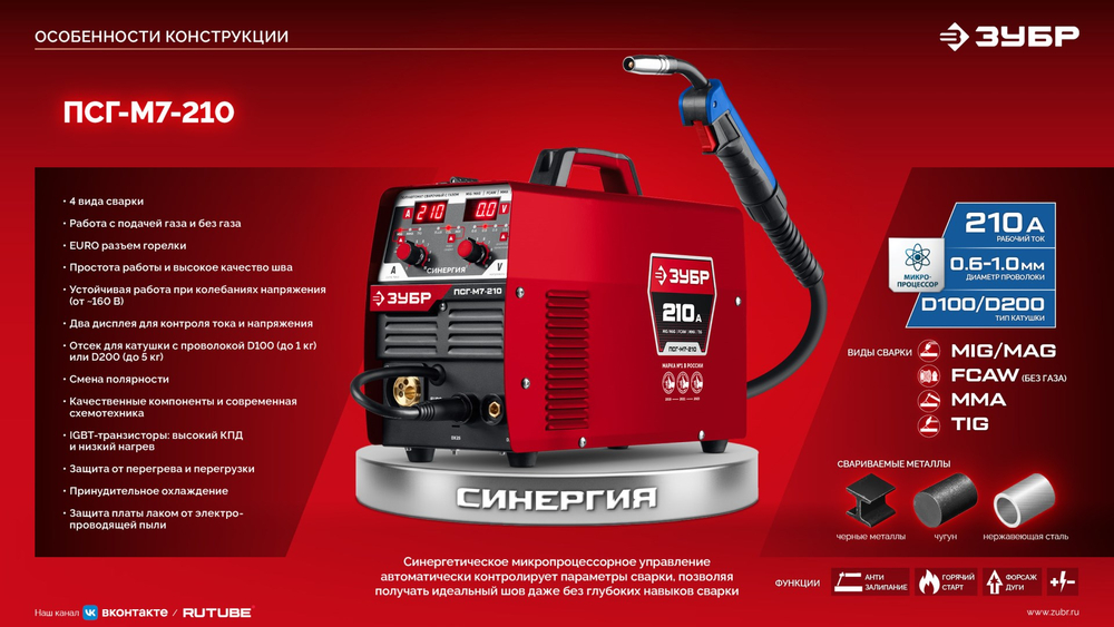 ЗУБР СИНЕРГИЯ, MIG / MAG, FCAW, MMA, TIG, 210 А, полуавтомат сварочный, с газом / без газа, горелка ПСГ-220 (ПСГ-М7-210)