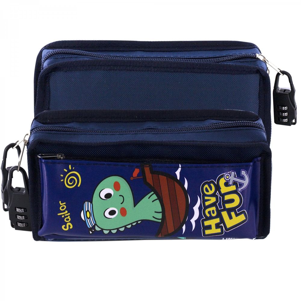 Пенал - косметичка, Alingar, ПВХ, молния, боковой карман, кодовый замок, 90 х 210 мм, "Have Fun", тёмно-синий (динозаврик на лодке)