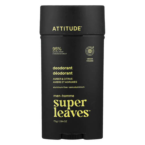 ATTITUDE, Super Leaves™, дезодорант без алюминия, для мужчин, янтарь и цитрус, 75 г (2,64 унции)