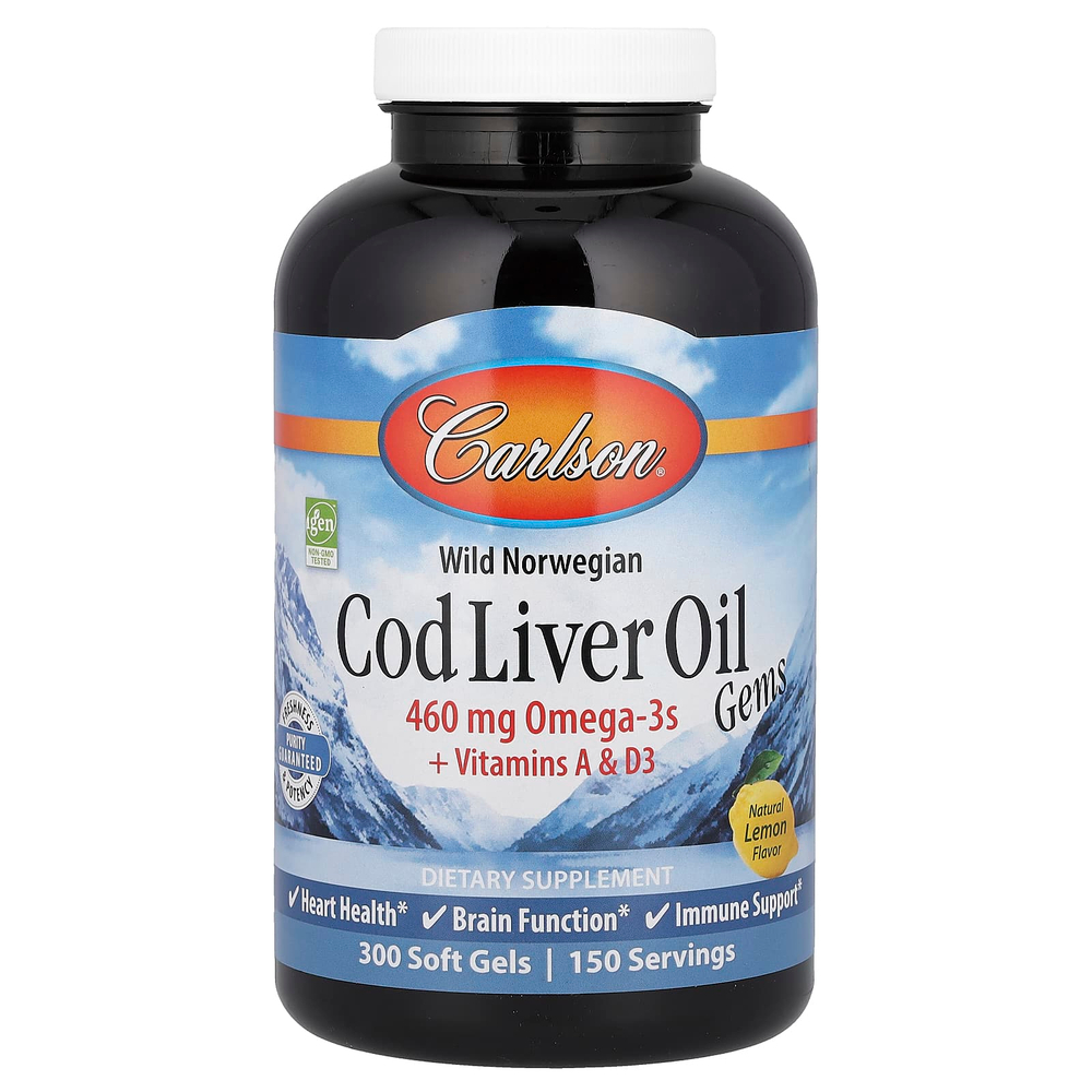 Carlson, Wild Norwegian, Cod Liver Oil Gems, жир печени дикой норвежской трески в капсулах, натуральный лимон, 300 капсул