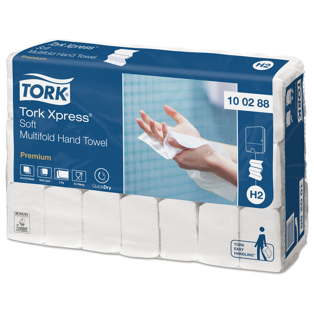 Полотенца бумажные 110 штук, TORK (Система H2) Premium, КОМПЛЕКТ 21 штука, 2-слойные, белые, 21×34, Interfold 100288