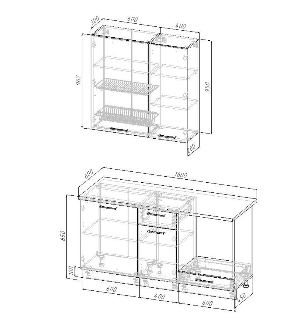 Кухонный гарнитур Антрацит (графит) 1600 мм столешница 38 мм, верхние шкафы 950 мм, ЛДСП, компактная кухня с увеличенным хранением для дачи, студии и малогабаритной квартиры