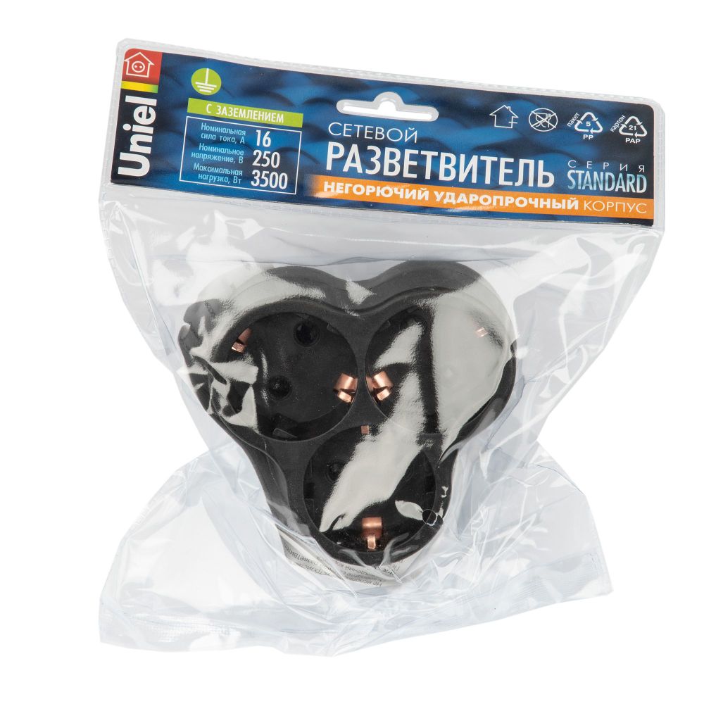 S-GES3-16F BLACK Разветвитель сетевой. с-з. 3 гнезда. 16А. 3500Вт. Черный. ТМ Uniel