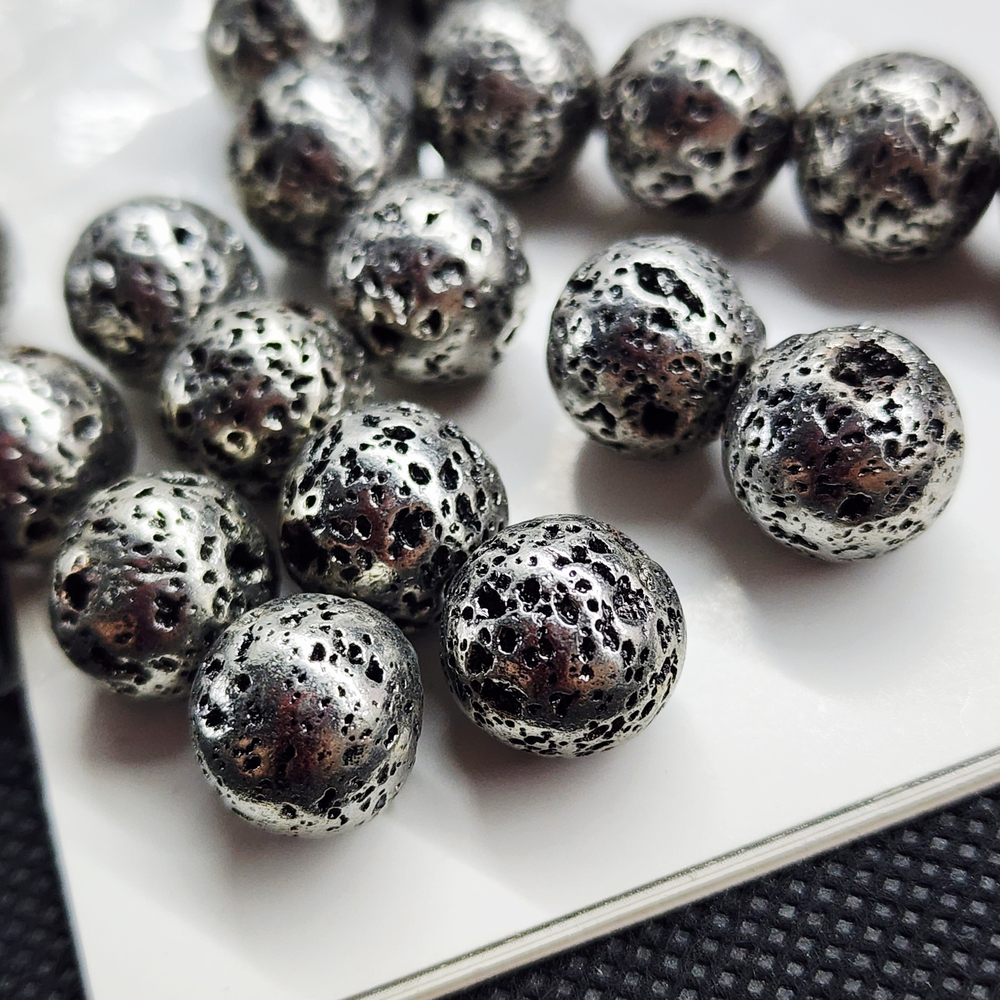 Лава натуральная, бусины метализированные, цвет тёмное серебро, луна, 12мм, штучно