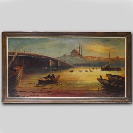 Винтаж: Антикварная картина «Восход солнца в бухте золотой рог»