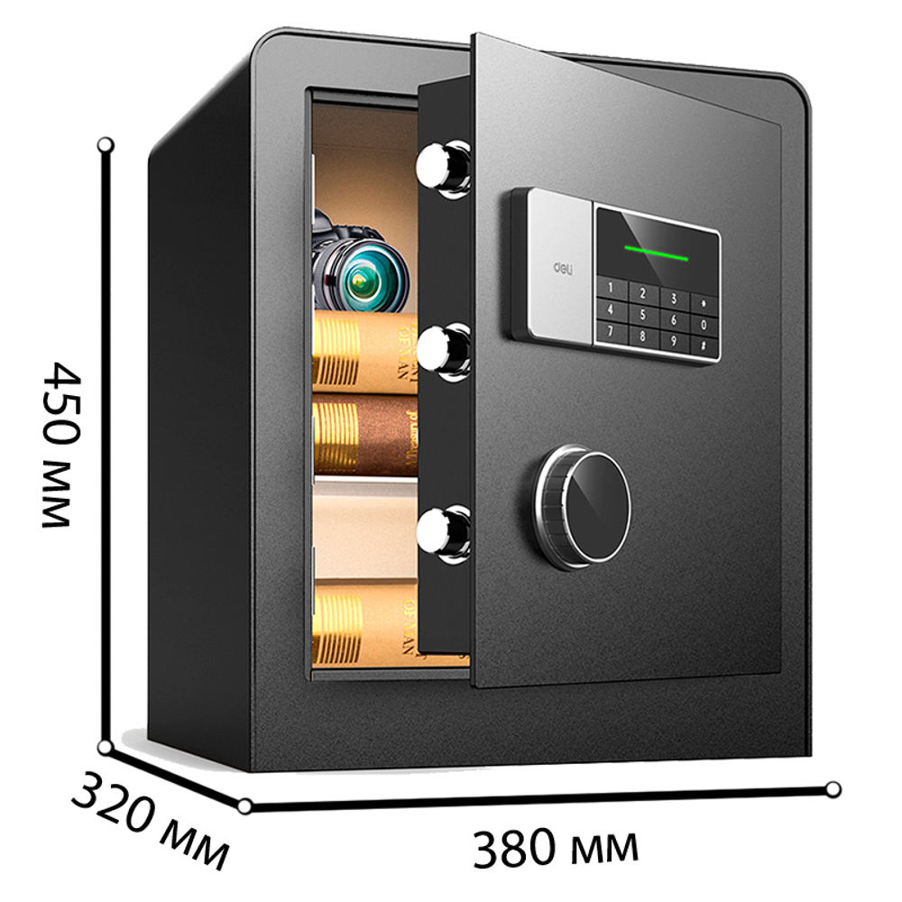 Сейф DELI "ET551" электронный замок + ключ, 380х320х450 мм, 17,5 кг, черный