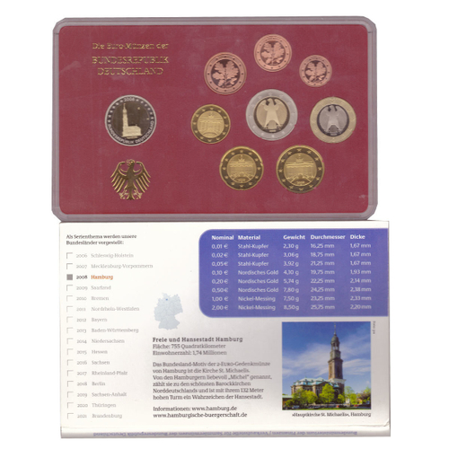 Набор монет Германии 2008 (G - Карлсруэ). Пруф в оригинальной упаковке