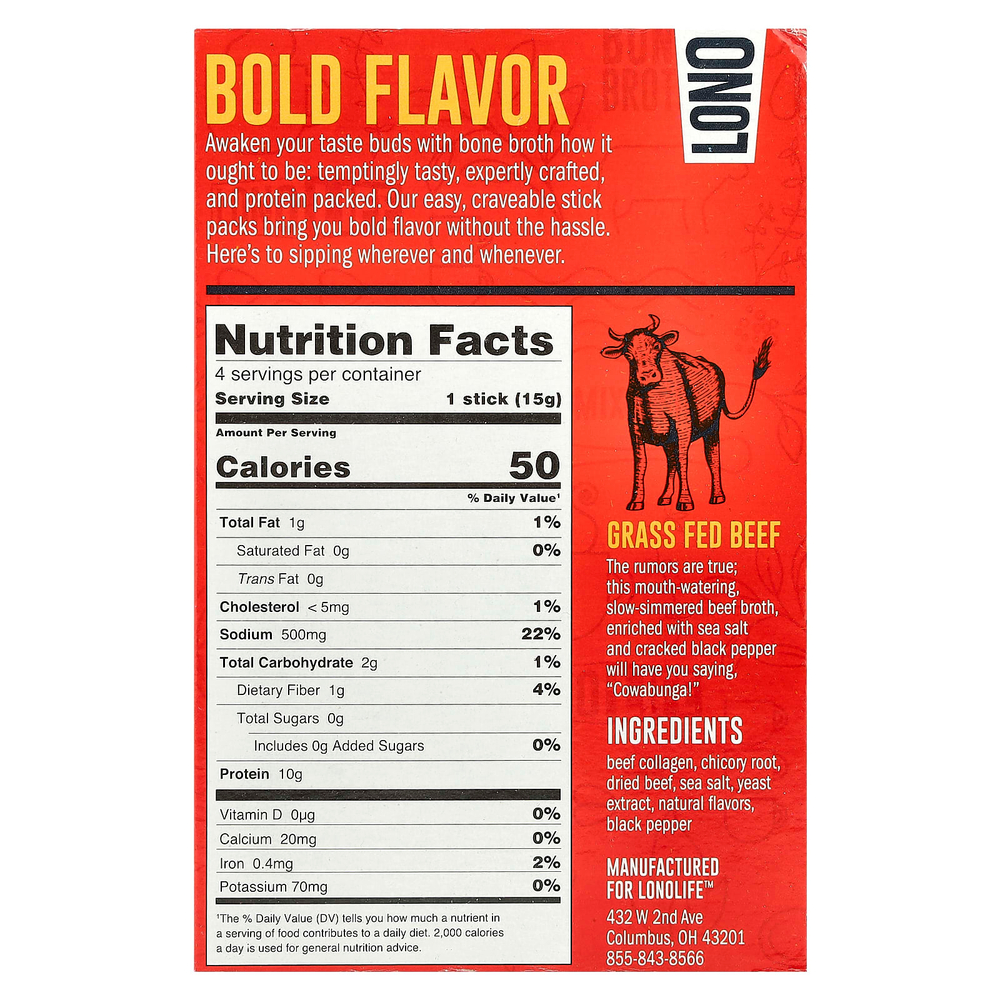 Lonolife, Sipping, Bone Broth, говядина травяного откорма, 4 пакетика по 15 г (0,53 унции)