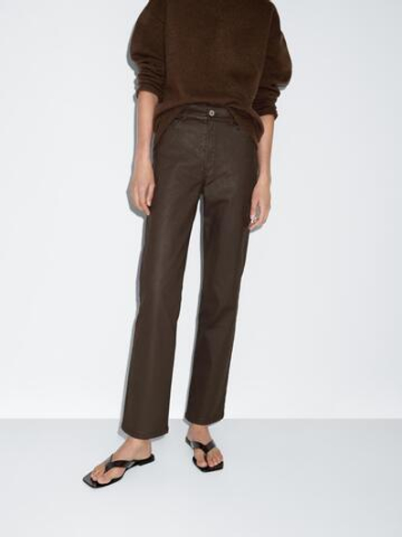 Massimo Dutti Брюки прямого кроя с высокой посадкой и вощеным покрытием, коричневый