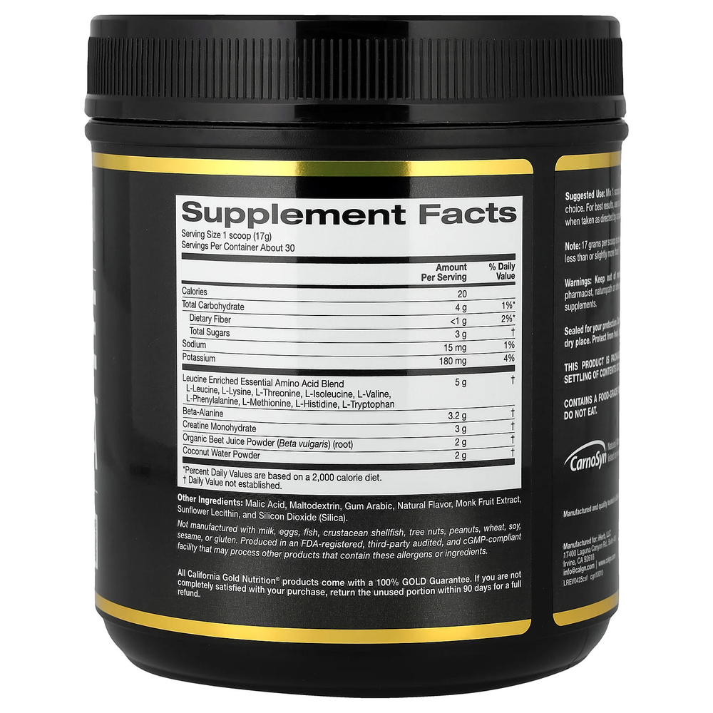 California Gold Nutrition, Sport, Creatine Sports Formula™, со смесью аминокислот, бета-аланином, соком свёклы и кокосом, 514 г