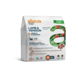 Alleva holistic cat adult lamb & venison сухой корм для взрослых кошек с ягненком и олениной, коноплей и женьшенем - 400 г