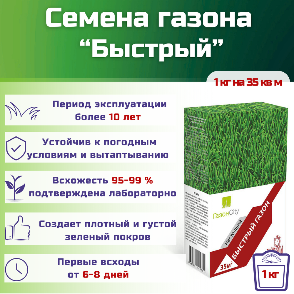 Семена газонной травы, травосмесь Быстрый газон, 1 кг/тимофеевка луговая, райграс однолетний/Газон Сити