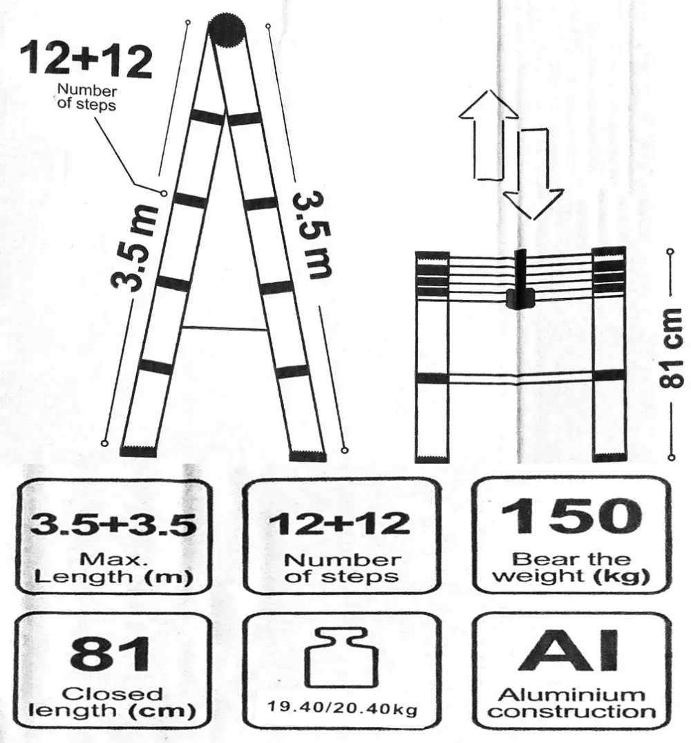 Стремянка телескопическая алюм. бытовая 3.5м (12+12 ступ.) Scheppach Sch-UP350-2