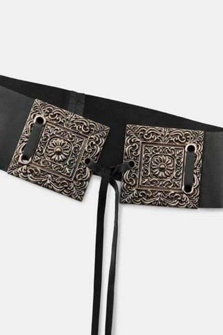 ZARA ШИРОКИЙ КОЖАНЫЙ РЕМЕНЬ С ПРЯЖКОЙ С УЗОРОМ, ЧЕРНЫЙ