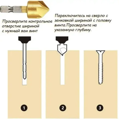 Набор зенкеров по металлу и дереву 6,8,9,12,16 и 19мм с титановым покрытием, в наборе - 6шт.