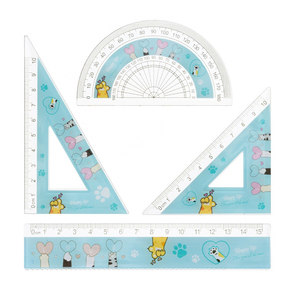 Линейка Basir пластиковая, набор 4 шт, серия "Лапки", 4 предмета: линейка 15 см, транспортир и два угольника