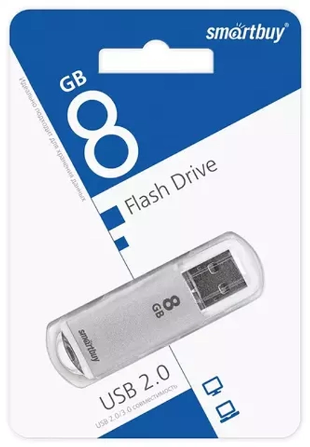 Флеш-диск 8 GB, SMARTBUY V-Cut, USB 2.0, металлический корпус,серебристый, SB8GBVC-S