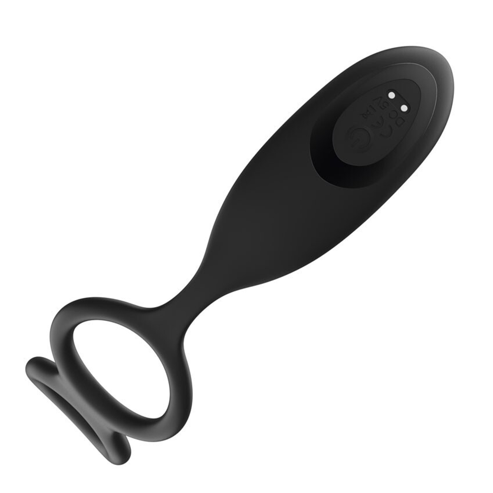 Черный анальный вибромассажёр с возвратно-поступательными движениями и кольцами для фиксации (Цвет: черный)