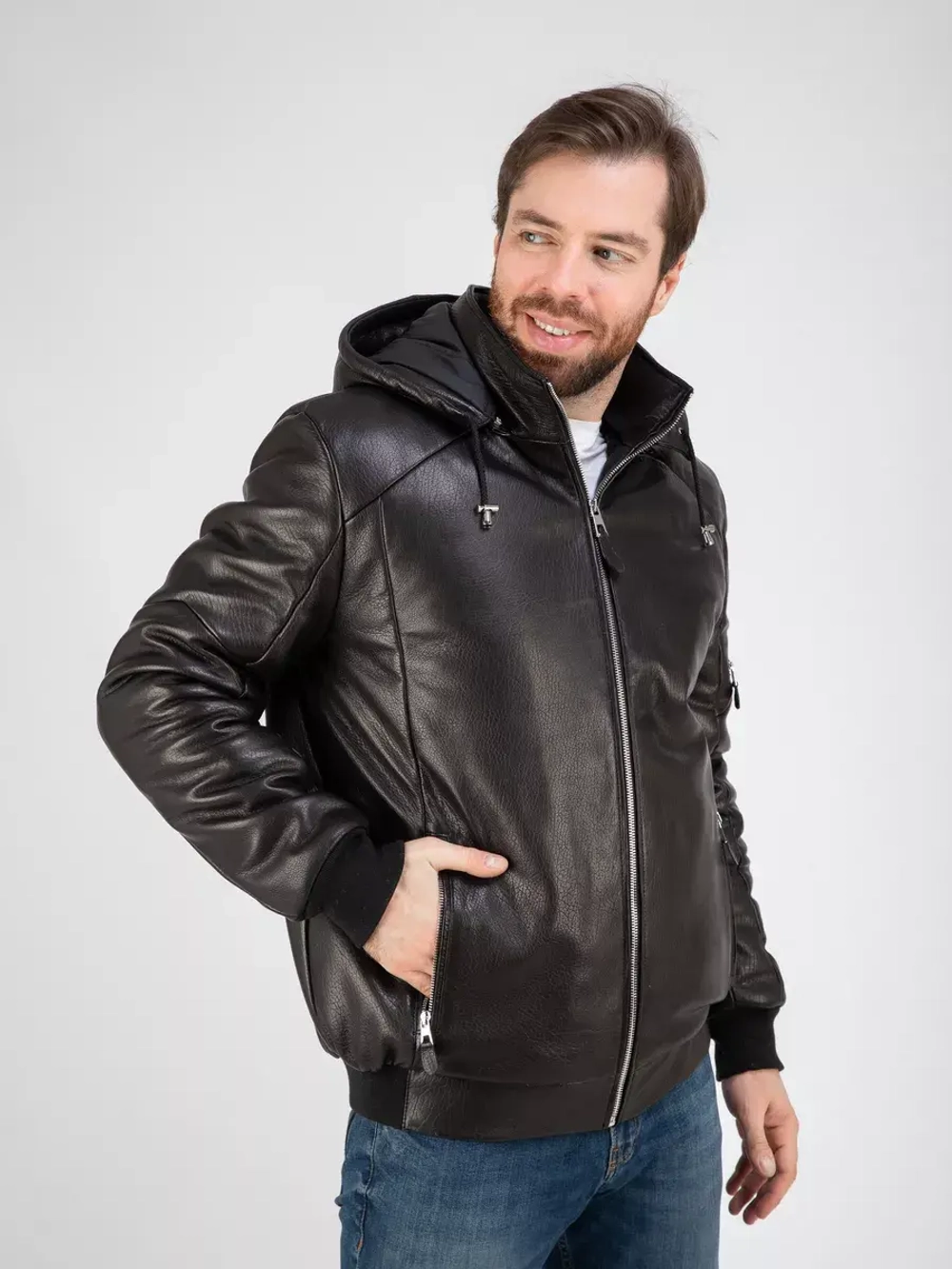 Куртка зимняя кожаная с капюшоном пуховик