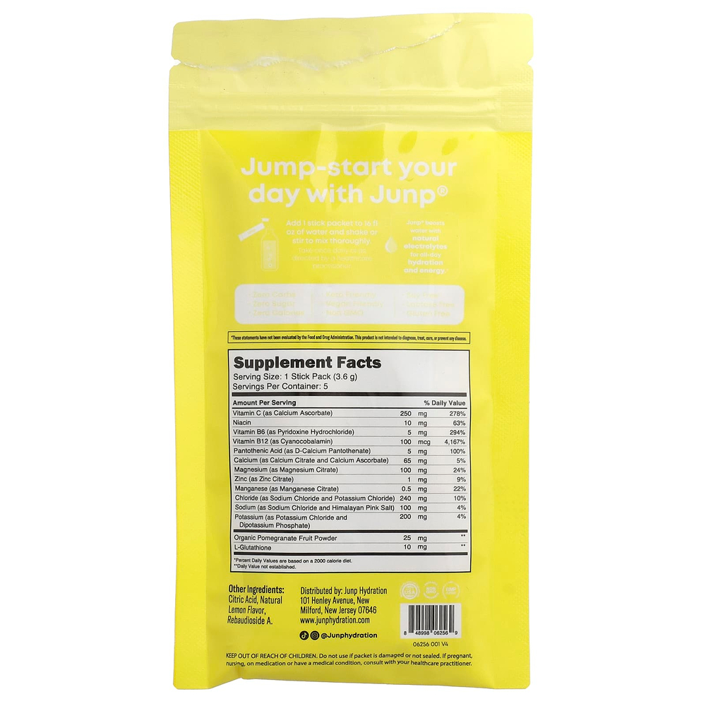 JUNP Hydration, электролитная порошковая смесь, со вкусом лимона, 5 пакетиков по 3,6 г (0,13 унции)