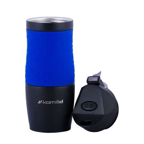 Термокружка 380 мл. из нержавеющей стали Kamille KM 2052A с TPR-вставкой и ремешком