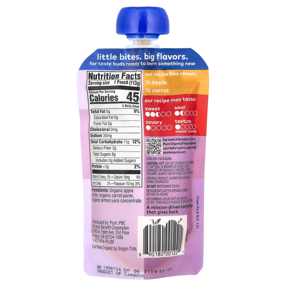 Plum Organics, органическое детское питание от 6 месяцев, яблоко и морковь, 113 г (4 унции)