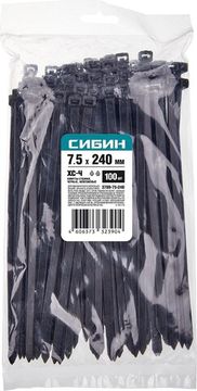 СИБИН ХС-Ч, 7.5 x 240 мм, нейлон РА66, 100 шт, черные, хомуты-стяжки (3788-75-240)