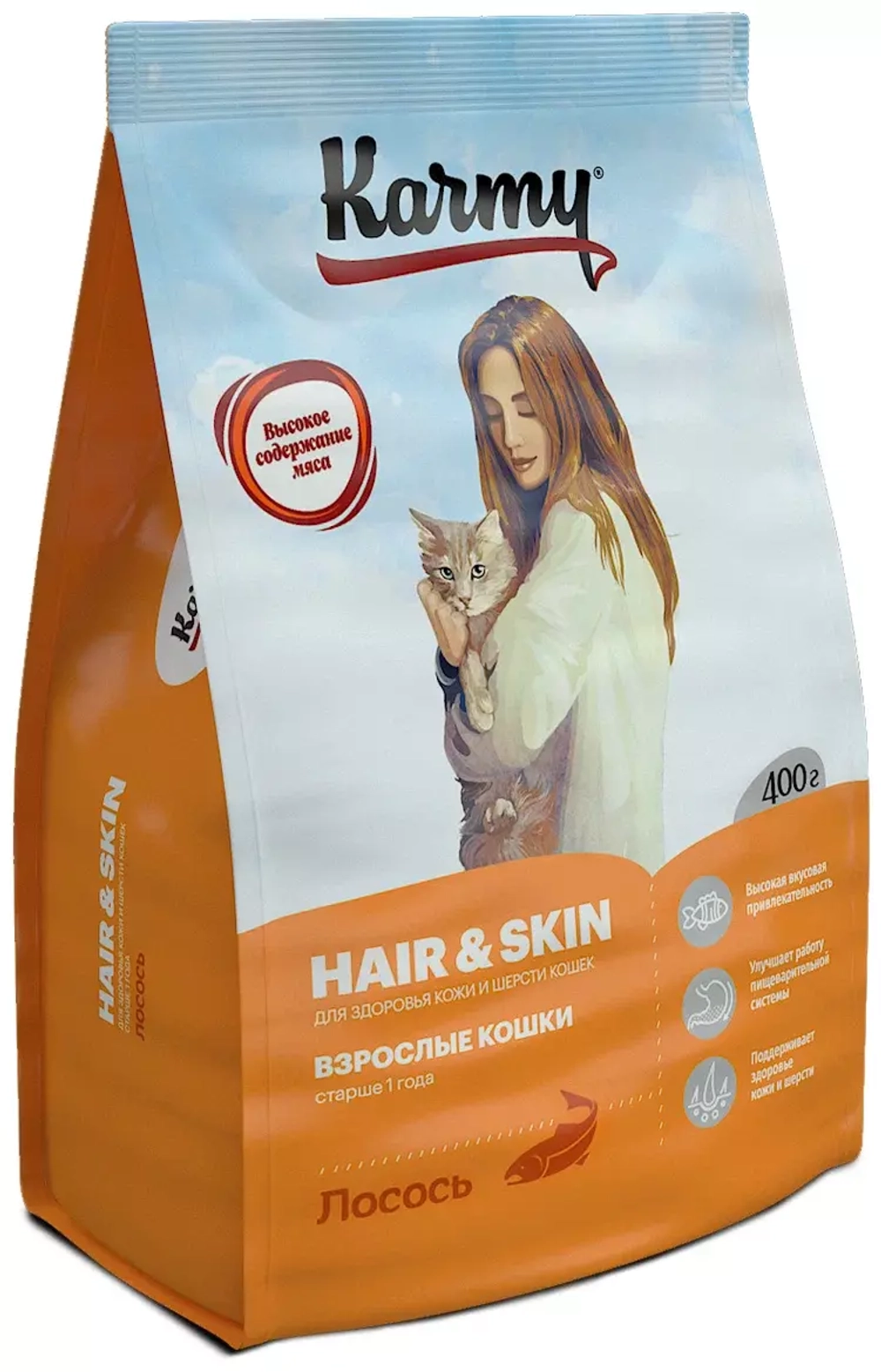 Karmy Hair&Skin Сухой корм для взрослых кошек для здоровья кожи и шерсти с лососем, 400 гр