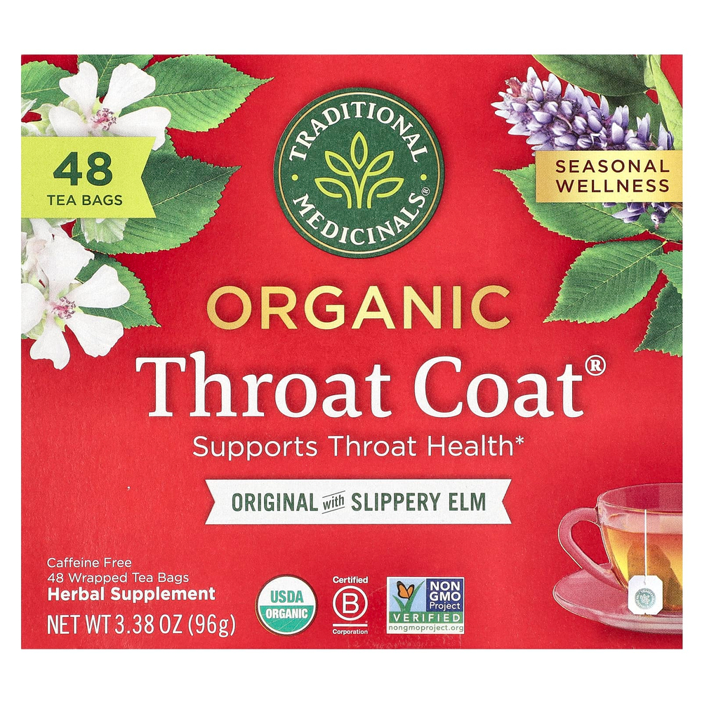 Traditional Medicinals, Organic Throat Coat®, Original со скользким вязом, без кофеина, 48 чайных пакетиков в упаковке, 96 г (3,38 унции)