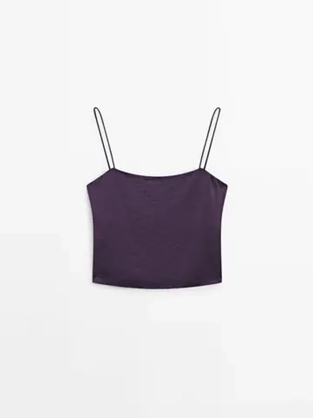 Massimo Dutti Атласный топ с разрезом, фиолетовый