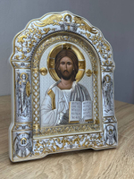 Спаситель, икона арочная с рамкой под стеклом, белое дерево 266х335