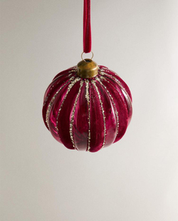 ZARA HOME ЕЛОЧНОЕ УКРАШЕНИЕ В ФОРМЕ ШАРА С ПОЛОСКАМИ ИЗ БАРХАТА, КРАСНЫЙ