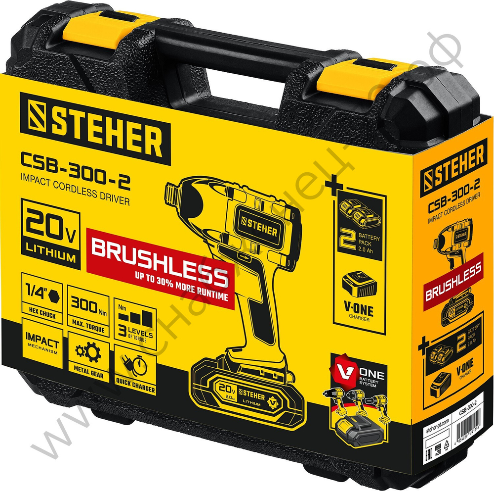 STEHER V1, 20 В, 300 Н·м, 2 АКБ (2 А·ч), бесщеточный винтоверт, кейс (CSB-300-2)