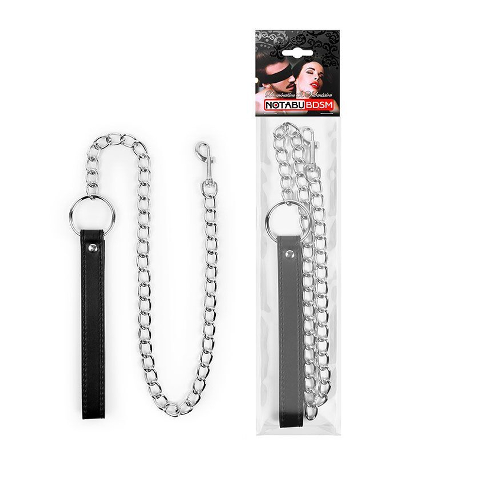 Металлический поводок для ошейника с черной ручкой - 77 см. (Цвет: черный с серебристым)