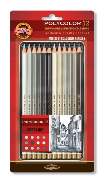 Набор художественных цветных карандашей POLYCOLOR GRAY LINE 12 цветов в металлической коробке, защищенной блистером
