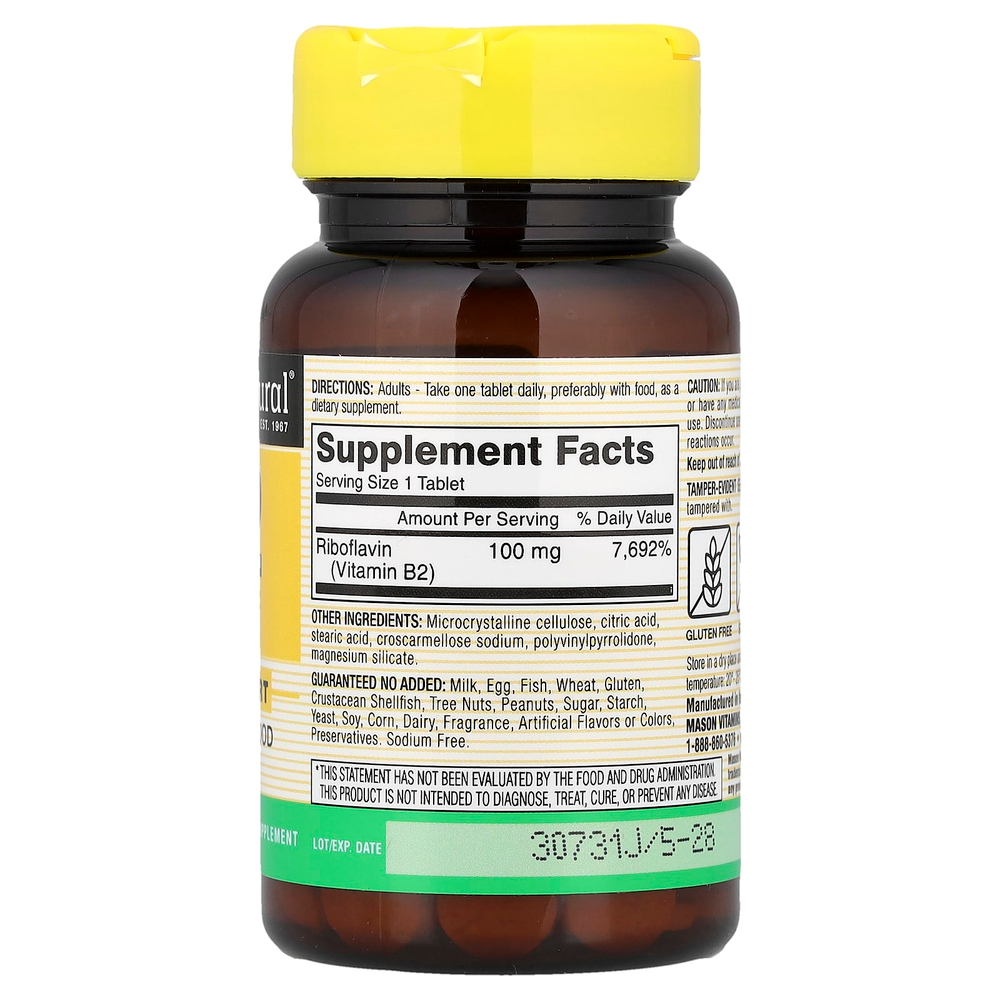 Mason Natural, Витамин B2, 100 мг, 100 таблеток