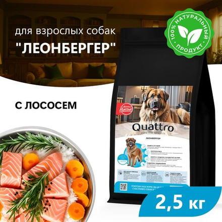 Корм сухой для взрослых собак породы Леонбергер, премиум полнорационный комплекс, с лососем, 2,5 кг, QUATTRO