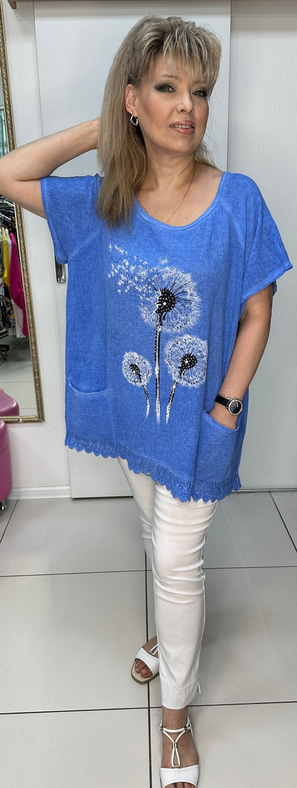 Комбинированная футболка-туника с изображением одуванчиков