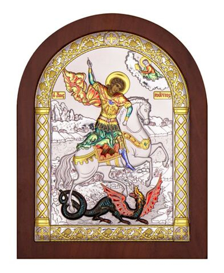 Георгий Победоносец, икона арочная, красное дерево, эмаль 150х200