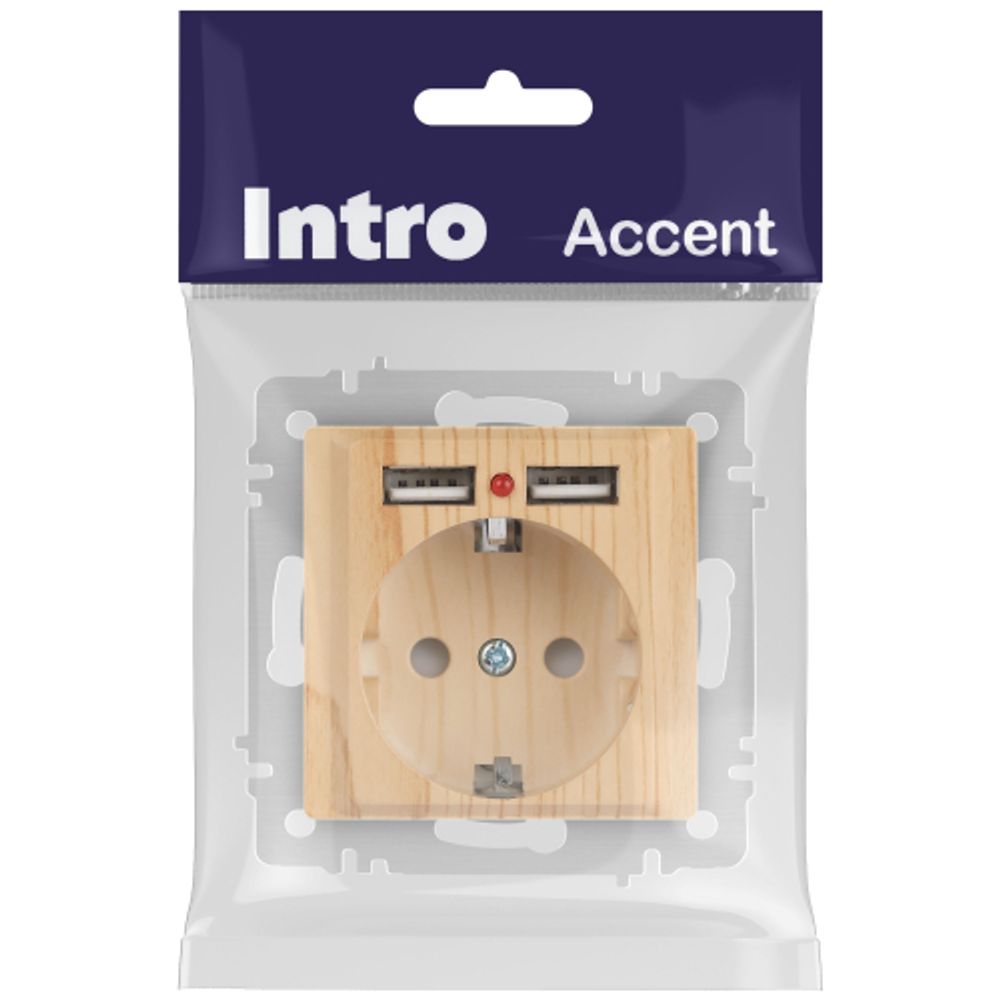 Розетка Intro Accent 6-410-11 с заземлением 2P+E Schuko со шторками 16А-250В + 2хUSB IP20 СУ сосна