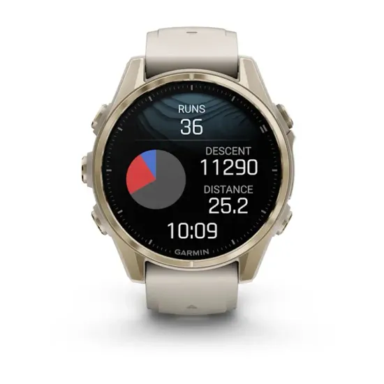 Мультиспортивные GPS часы Garmin Fenix 8S (43 mm) AMOLED, Sapphire Soft Gold with Fog Gray/Dark Sandstone Silicone Band 010-02903-11