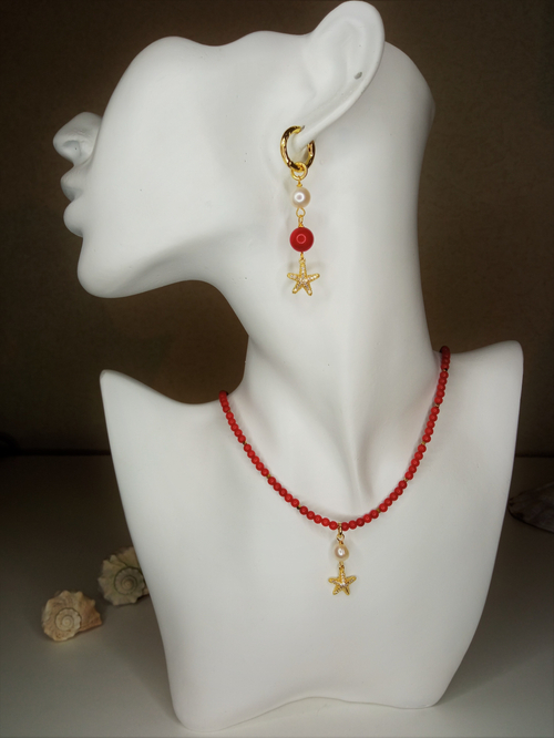 Колье-чокер и серьги с кораллом и жемчугом "Сокровища Океана"