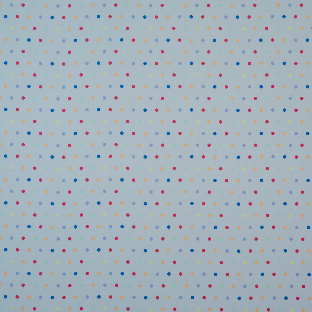 Шёлковый крепдешин приглушенно-голубого цвета в разноцветный горох