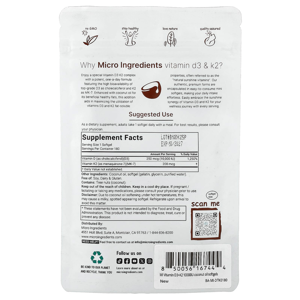 Micro Ingredients, витамины D3 и K2, 180 капсул