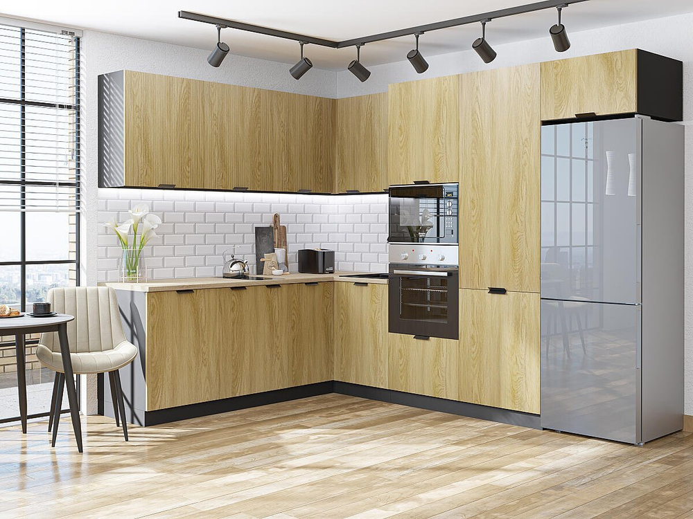 Угловая модульная кухня Евро Лайн-03 Дуб песочный - Graphite 2140*2150/2800*600