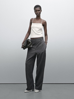 Massimo Dutti Трикотажный топ на бретелях с кружевом, натуральный, кремовый