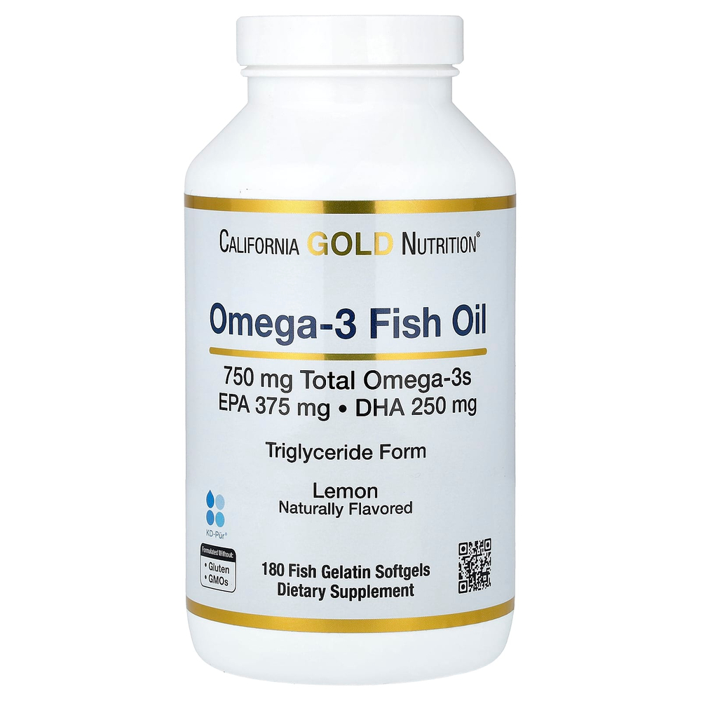 California Gold Nutrition, норвежский рыбий жир с омега 3, с ЭПК и ДГК, натуральный лимонный вкус, 180 капсул