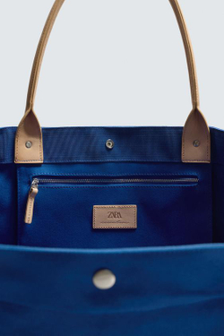 ZARA X AARON LEVINE СУМКА-ШОПЕР С КОЖАНЫМИ ДЕТАЛЯМИ, СИНИЙ